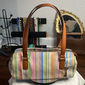 Fossil Striped Key-Per Pastel Multi-Colored Satchel Bag Purse Handbag Summer
